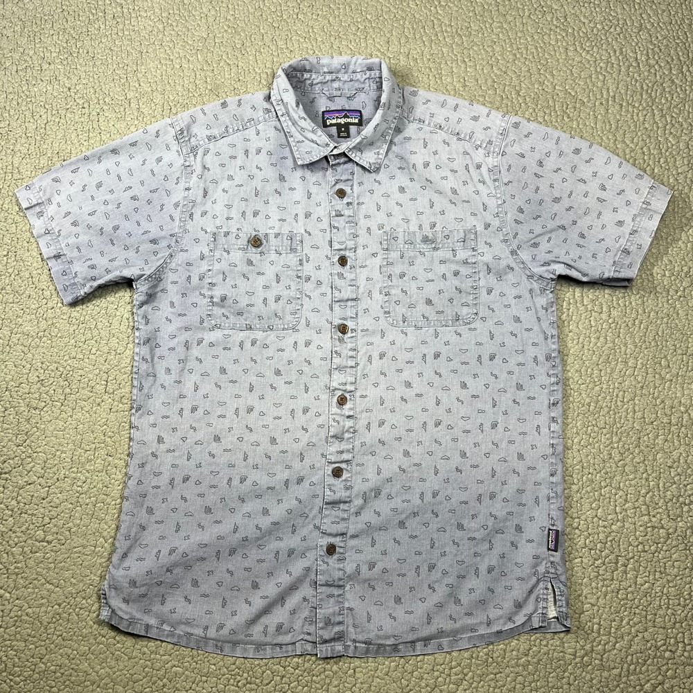 Patagonia Mens Hemp Organic Cotton Short Sleeve Button Down Shirt Blue Grey M